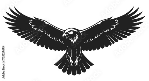 Majestic eagle soars with outstretched wings in a minimalist black and white design
