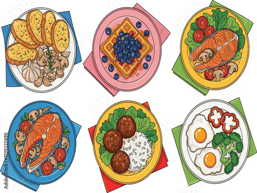 Meal plate vector set, breakfast lunch dinner illustration, grilled salmon, waffles, eggs, rice, pasta, food clipart collection