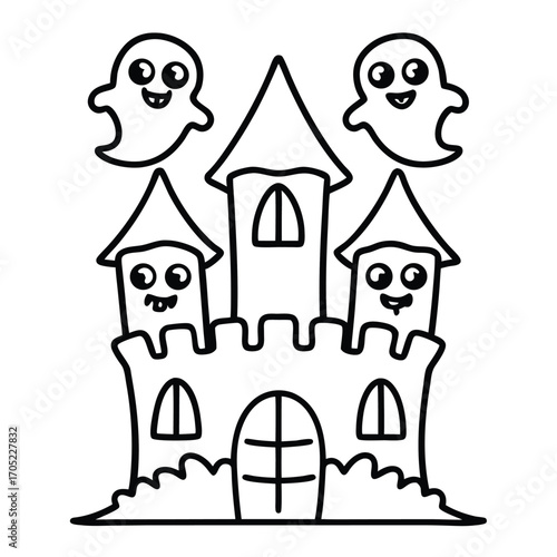 Cartoon outline of a haunted castle with two friendly ghosts floating above on a white background halloween