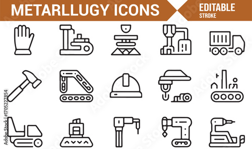 Editable stroke metallurgy icons set with factory, hammer, welding, crane, and gear