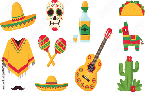 Mexican culture, sombrero, sugar skull, taco, tequila, poncho, maracas, guitar, piñata, cactus, mustache, celebration, tradition, folk art, Latin, festive, colorful, heritage, Mexico, icons