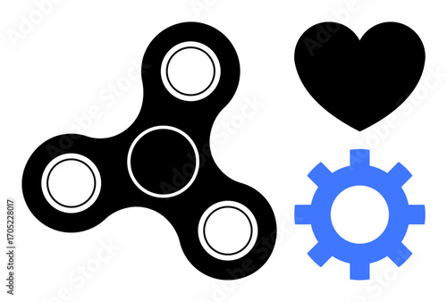 Black fidget spinner, blue gear, and black heart shape conveying balance, creativity, love, and engineering. Ideal for well-being, mechanics, mindfulness teamwork play design simple flat metaphor