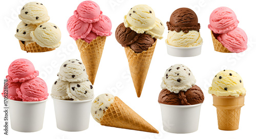Delicious ice cream cones and cups showcasing various flavors, perfect for summer treats, dessert menus, and food-related promotions isolated on transparent white background