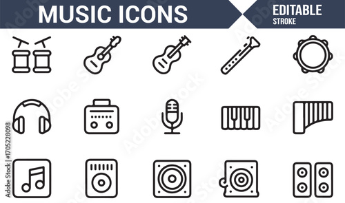 Editable thin stroke line icons of instruments and music performance tools