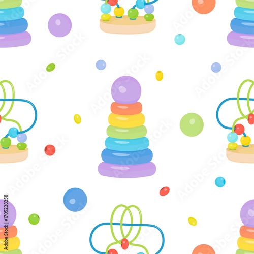 Seamless pattern with colorful baby toys, rainbow stacking rings and bead maze. Cute vector background for kids, toddlers, nursery design, textile, wrapping paper, packaging and playful decoration.