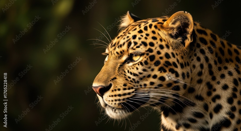 Fototapeta premium Leopard portrait, side profile, spotted coat, blurred leafy background