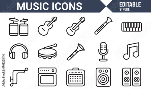 Editable outline music icons of sound equipment, band instruments, and singing gear