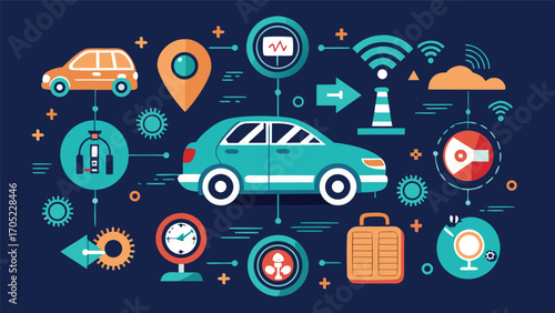 Digital illustration showcasing smart car technology and connectivity features in a modern urban environment