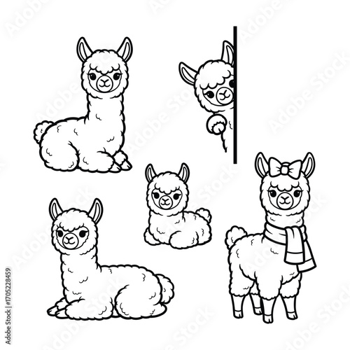 Five cute cartoon llamas in black and white line art style alpaca animal