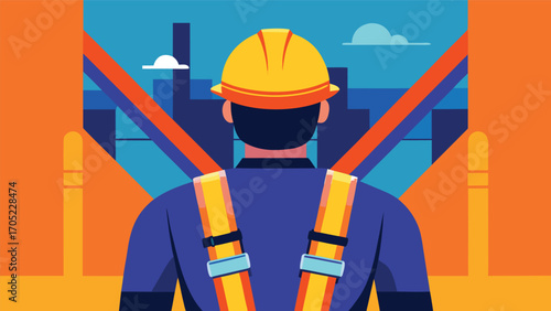 Safety first as construction worker observes city skyline during daylight hours