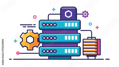 Modern data center illustration showcasing servers and networking components in a colorful design