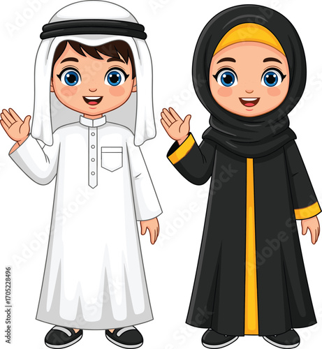 Middle Eastern children cartoon, traditional clothing illustration, thobe and abaya characters, cultural attire vector, friendly gesture design asset