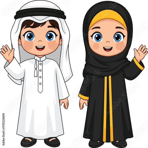 Middle Eastern children cartoon, traditional clothing illustration, thobe and abaya characters, waving gesture vector, cultural attire educational design