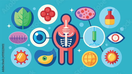 Exploring human anatomy and biology through colorful graphic illustrations and icons