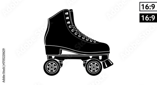 Retro roller skate icon illustration, depicting an artistic black silhouette on a plain white