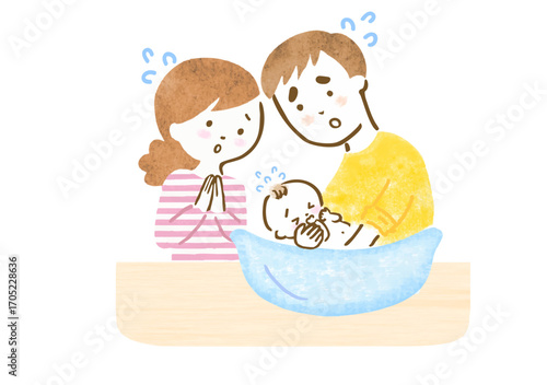 赤ちゃんの沐浴がうまくいかずに焦っているパパに寄り添うママの手描きイラスト
