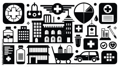 Healthcare symbols and icons displayed in a creative black and white collage for educational purposes