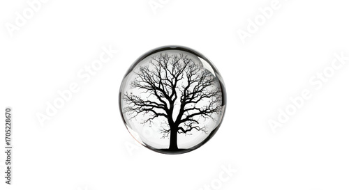 Serene arboreal silhouette within a crystalline orb captures nature's stark beauty