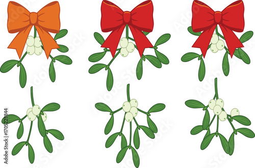 Mistletoe matching puzzle vector, holiday plant clipart, green leaves white berries illustration, Christmas bow design, festive activity graphic