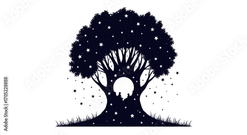 Silhouette illustration of a celestial tree adorned with stars and a peaceful scene below evoking