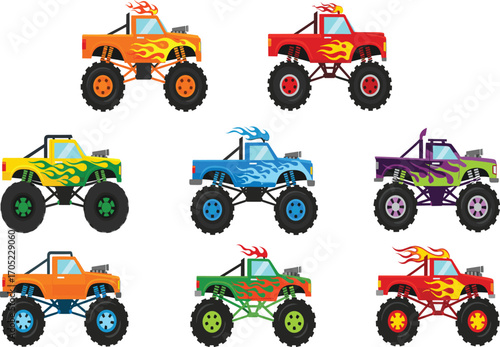 Monster truck vector set, cartoon racing vehicles, flame design clipart, off-road car illustration, kids toy truck collection