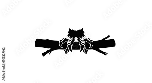 Silhouette of ominous claws grasping a sturdy branch in stark monochrome graphic style