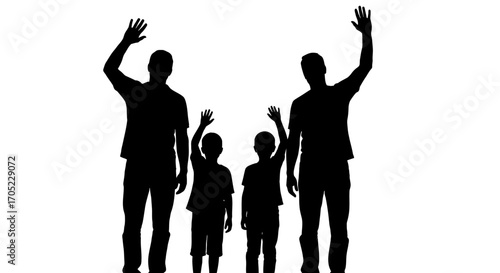 Silhouette representation of two adults and two children waving goodbye or hello cheerfully