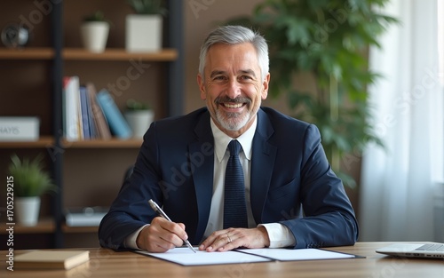 Happy satisfied middle aged professional business man executive ceo manager, lawyer wearing suit sitting at desk signing law document writing signature making legal agreement corporate deal in office.