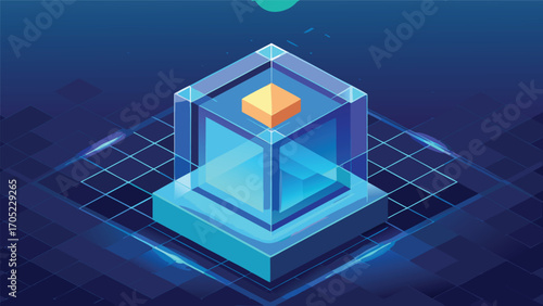 Digital 3D model of a transparent cube with geometric designs on a grid background