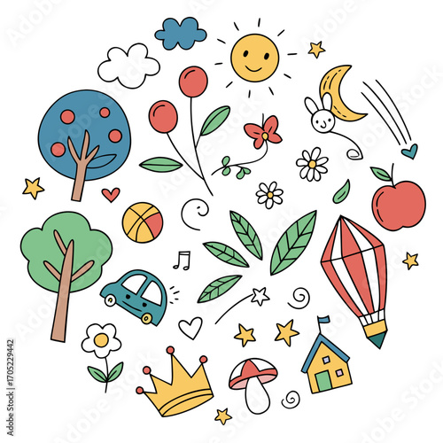 Whimsical childrens drawing collection of fun elements on black background