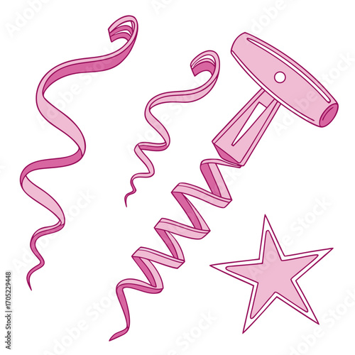 Pink ribbon curls and corkscrew with star on black background