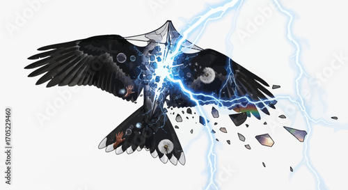 Surreal avian transformation with celestial elements and electrifying energy dispersion