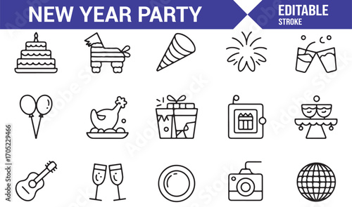 Festive party icon pack including balloons, cake, drinks, and music equipment symbols