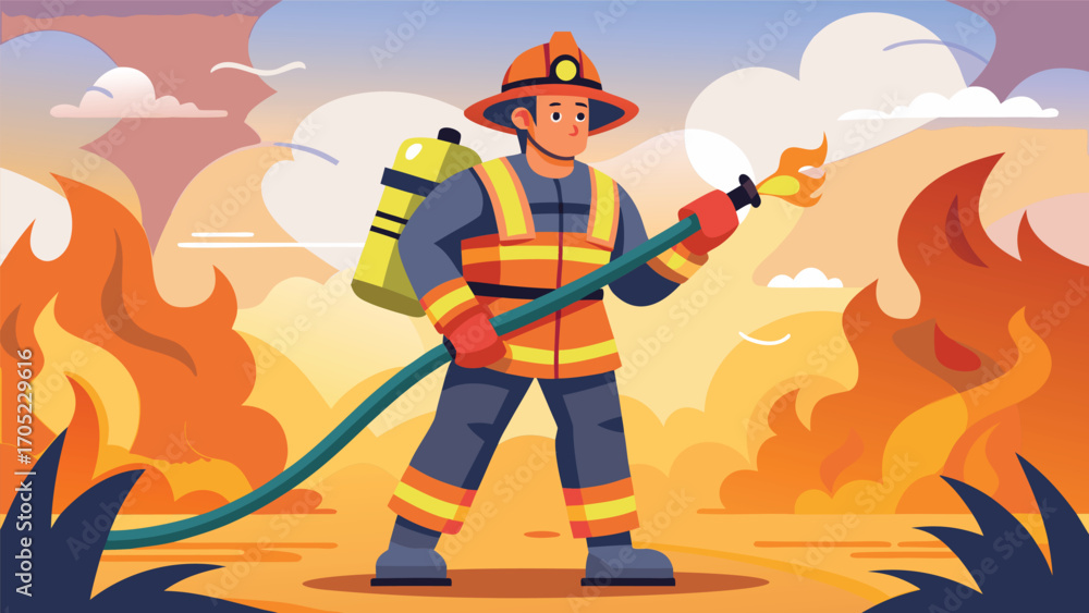 Fototapeta premium Firefighter battling wildfires with determination in an animated landscape during daylight hours