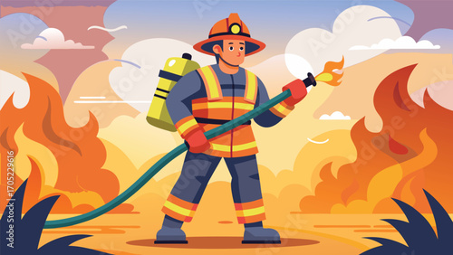 Firefighter battling wildfires with determination in an animated landscape during daylight hours