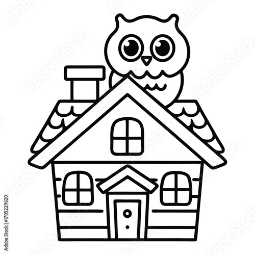Cute cartoon owl sitting on a house roof with chimney and windows outline bird