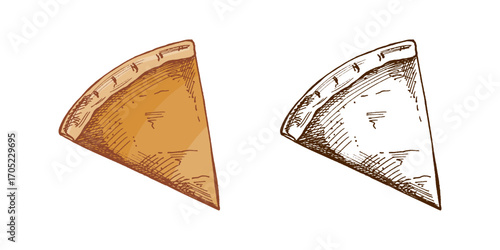 Hand drawn vintage sketch of single pie slice with golden crust isolated vector illustration in color and monochrome
