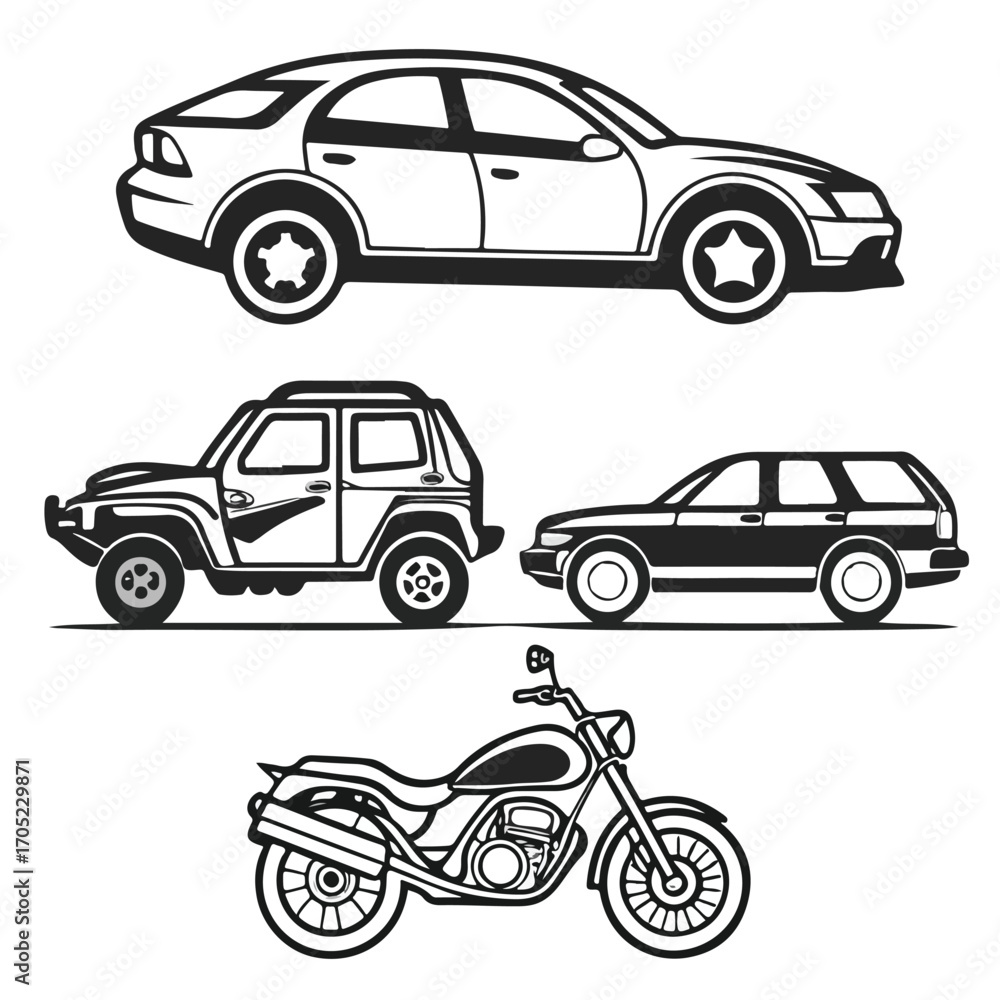 Naklejka premium Motorcycles and cars illustrated in outline style, showing vehicle diversity and automotive lifestyle