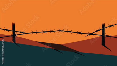 Barbed wire stretches across parched landscape under an orange sky at sunset
