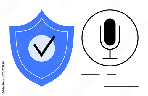 Blue shield with checkmark signifying security and protection, black microphone for audio, and subtle lines for sound. Ideal for cybersecurity, privacy, audio, validation, technology, communication