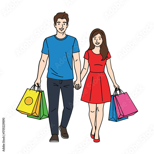 Couple holding hands walking with shopping bags vector