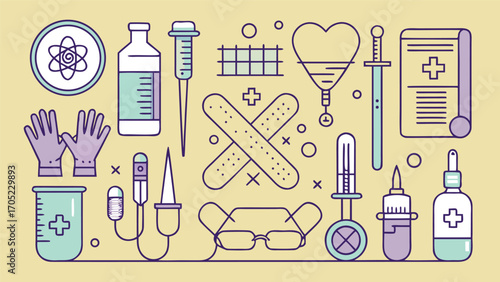 Medical tools and symbols arranged in a colorful layout showcasing healthcare elements for education and learning