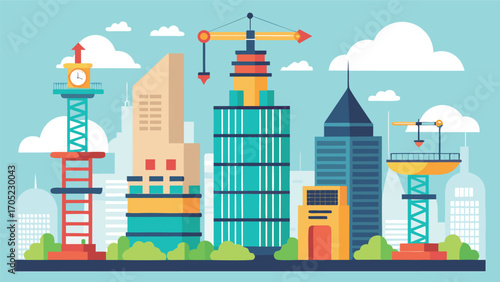 Urban construction site featuring tall buildings and cranes in a vibrant city landscape