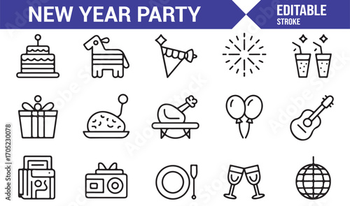 Editable outline party icons set with cake, camera, guitar, and disco ball for events