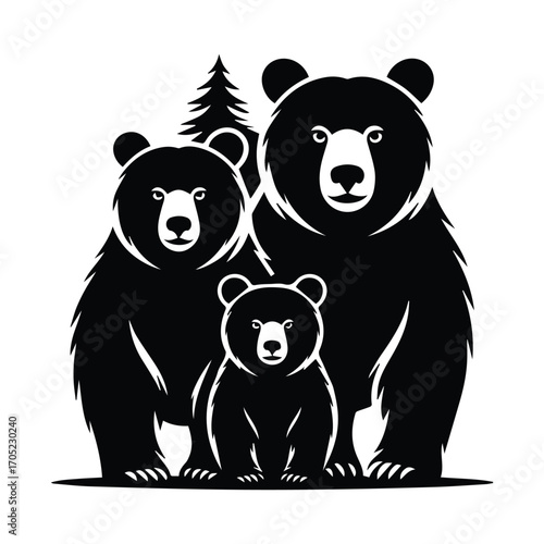 Bear family silhouette illustration with parent bears and cub in nature setting