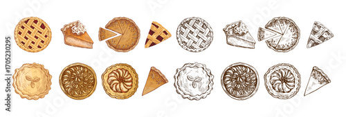 Hand drawn vintage sketch set of assorted pies and slices in color and monochrome, traditional sweet bakery collection