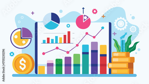Colorful data visualization with charts, graphs, and coins representing financial analysis and growth metrics