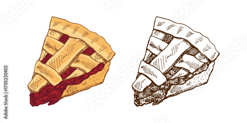 Hand drawn vintage sketch of cherry pie slice with lattice crust, dessert illustration in color and monochrome versions