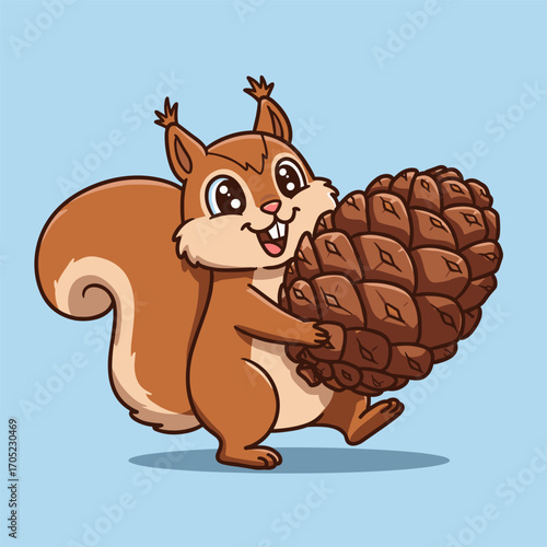 A cheerful cartoon squirrel walks with a giant pine cone in its arms, smiling brightly with rosy cheeks and expressive eyes against a soft blue background.