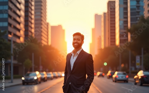Happy wealthy rich successful indian business man standing in big city modern skyscrapers street on sunset thinking of successful future vision, dreaming of new investment opportunities concept.